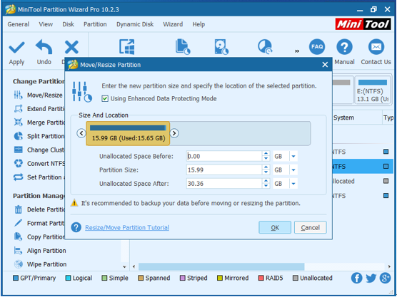 take size from unallocated space