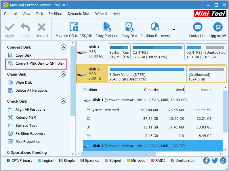 choose a MBR disk and then click “Convert MBR Disk to GPT Disk