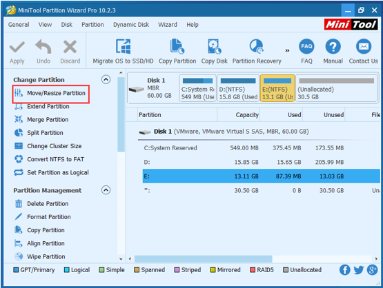 Select partition E and click Move/Resize Partition