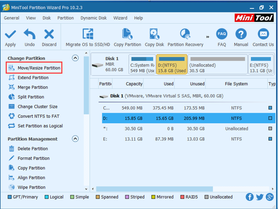 Select system partition then click Move/Resize Partition