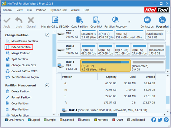 select a partition and click Extend Partition