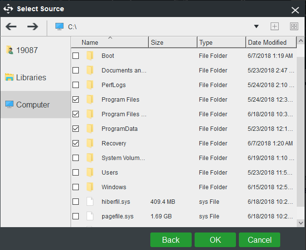 select a disk and tick files need a backup