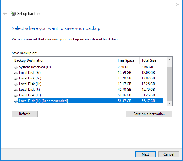 select backup destination