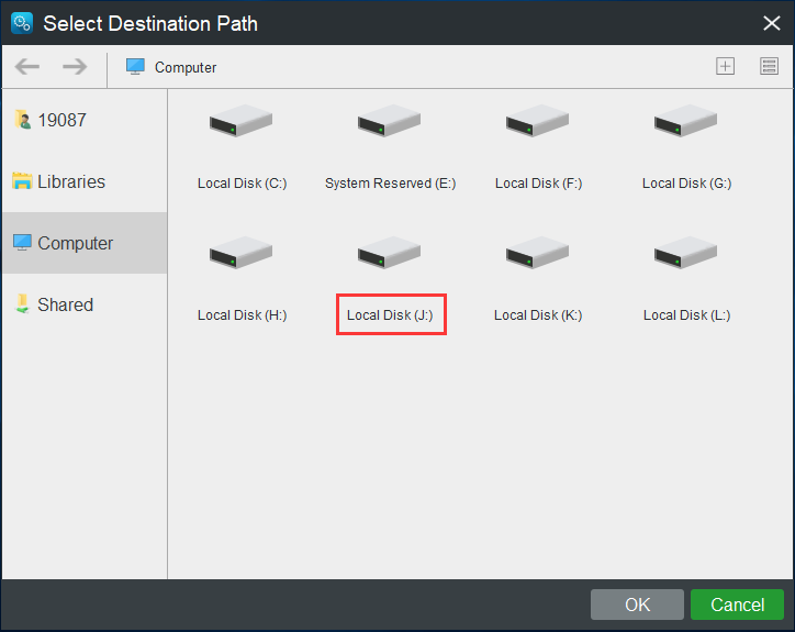 select destination disk