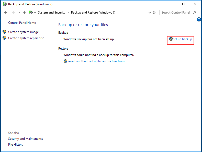 click Set up backup
