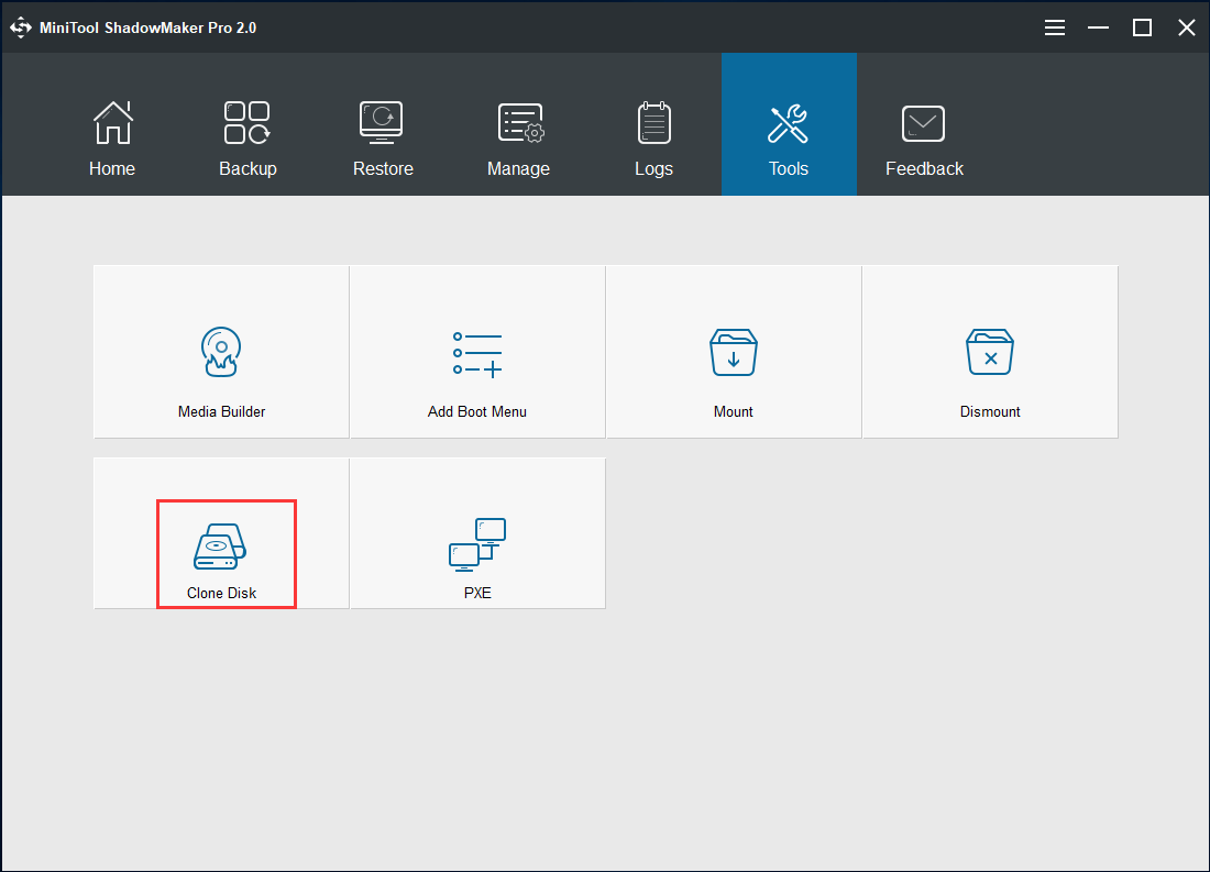 select Clone Disk in Tools