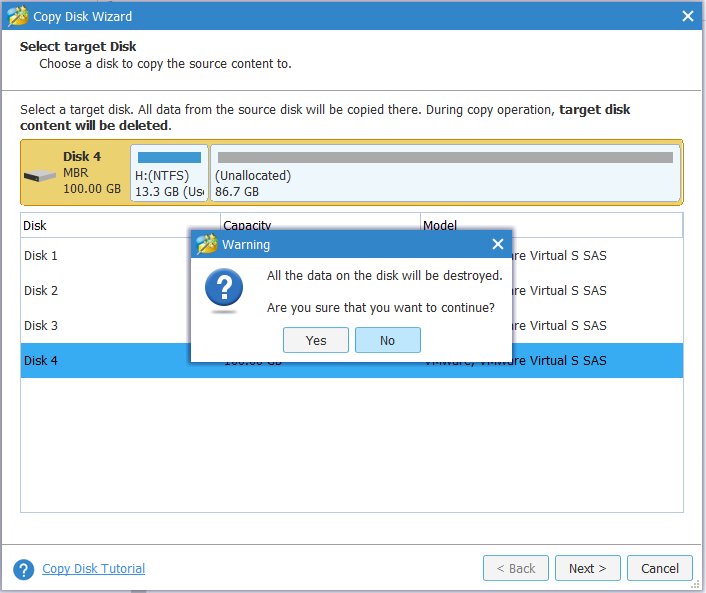 select a target disk to copy the source content