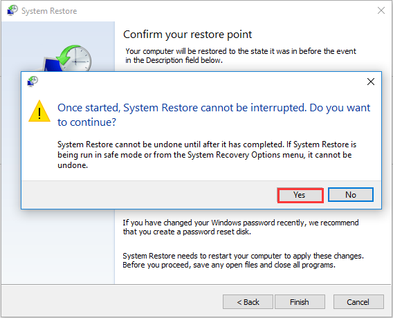 =click Yes to continue system restore