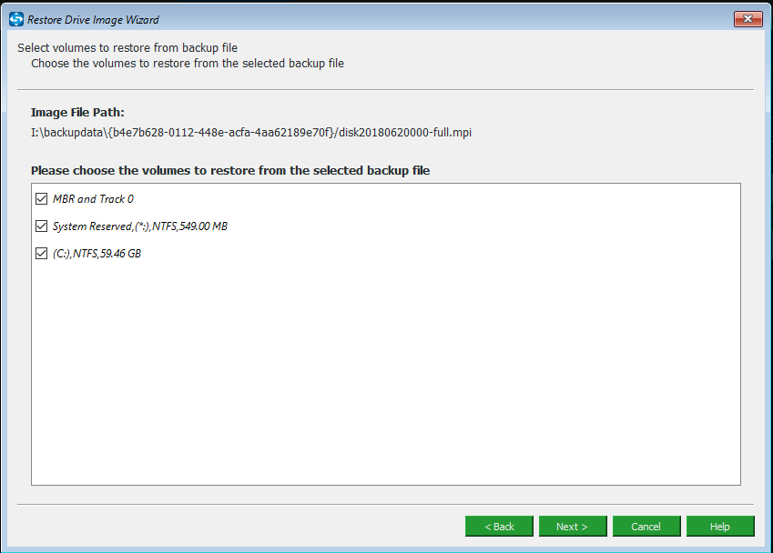 choose volumes to restore from backup file