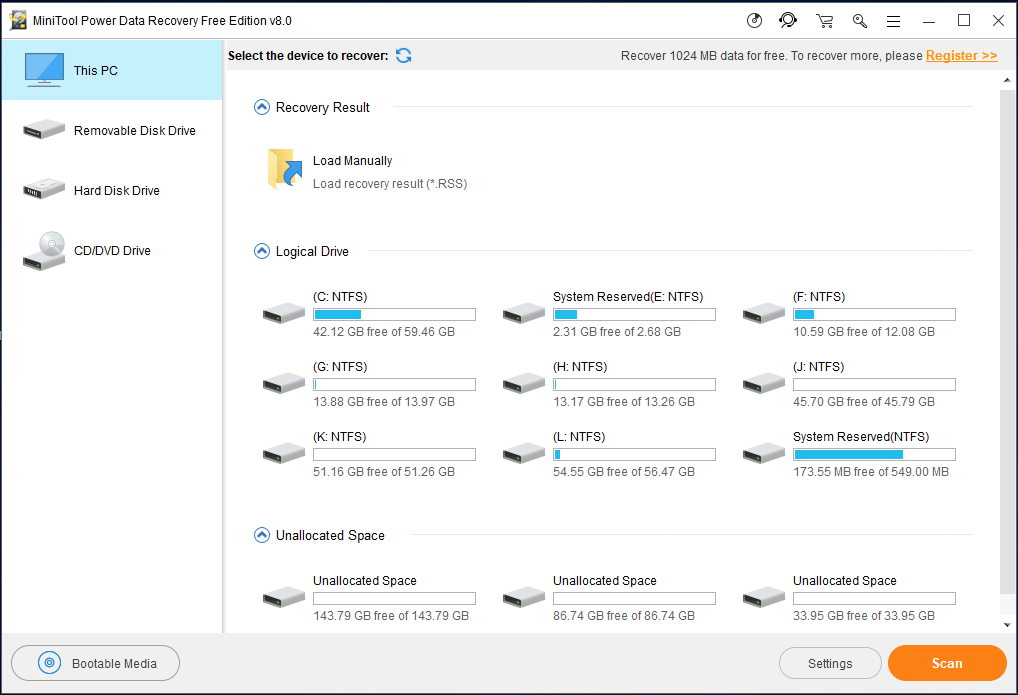 the interface of MiniTool Power Data Recovery Free Edition