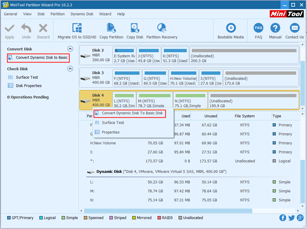 select a dynamic disk and click Convert Dynamic Disk to Basic