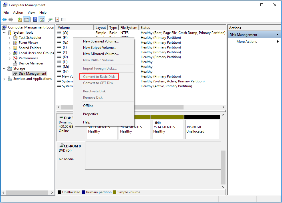 Convert to Basic Disk feature is greyed out in Disk Management