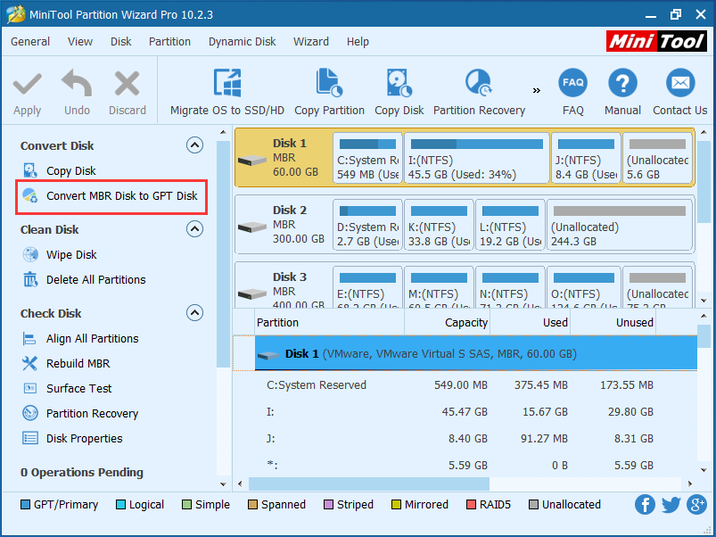 select system disk and click Convert MBR Disk to GPT Disk