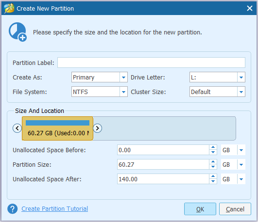 Specify the size and location of the new partition