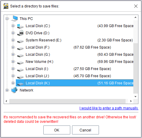 select a directory from the following list to save recovered files