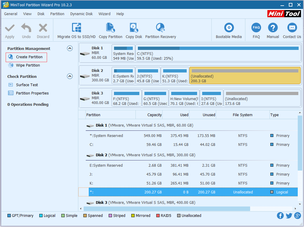 select the unallocated space and click Create Partition
