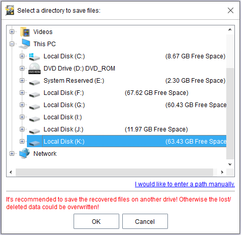 select a destination disk for the recovered files