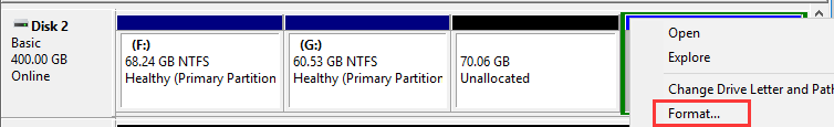 select the hard drive shows 0 bytes used 0 bytes free and click Format from the pop-up window.