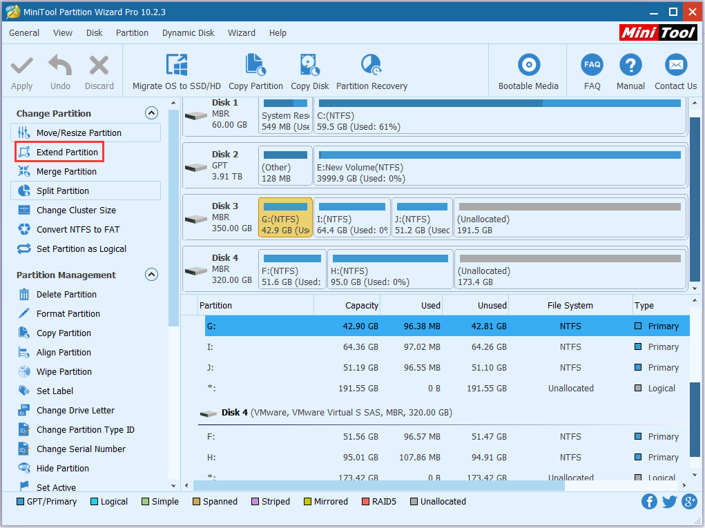 choose the partition needs extending and click Extend Partition
