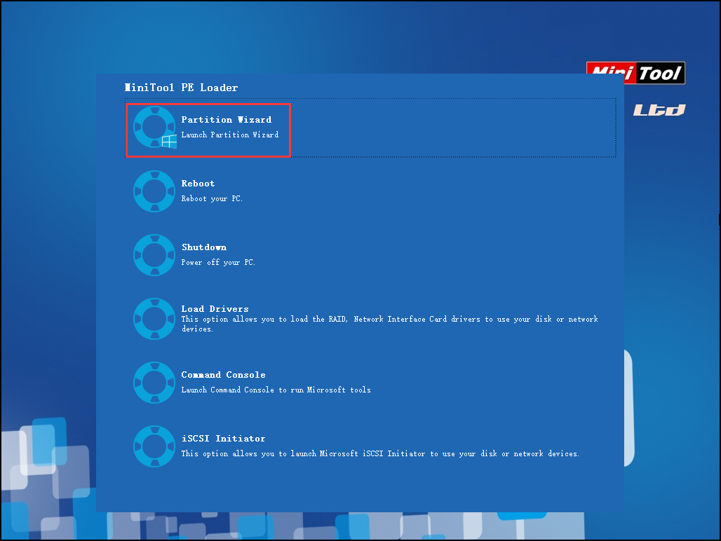 select Partition Wizard from MiniTool PE Loader