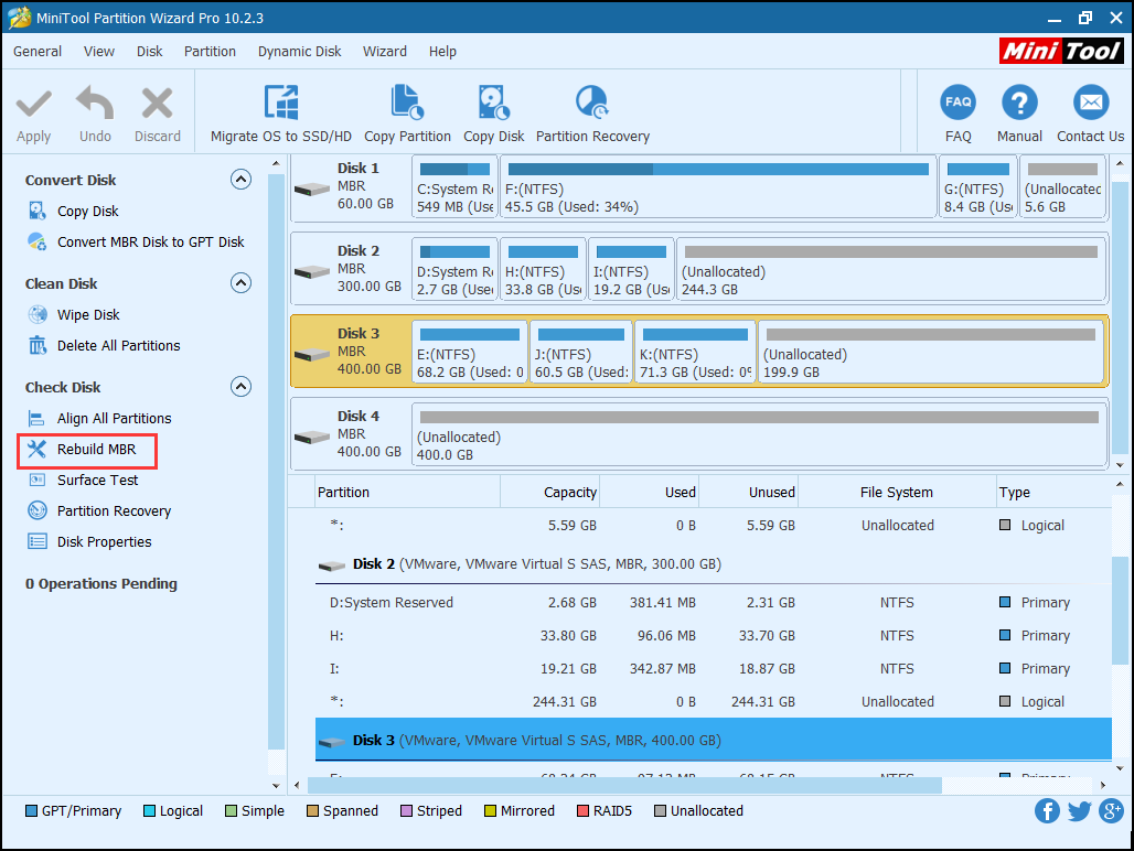 Select the disk that MBR is damaged and click Rebuild MBR from the left action panel