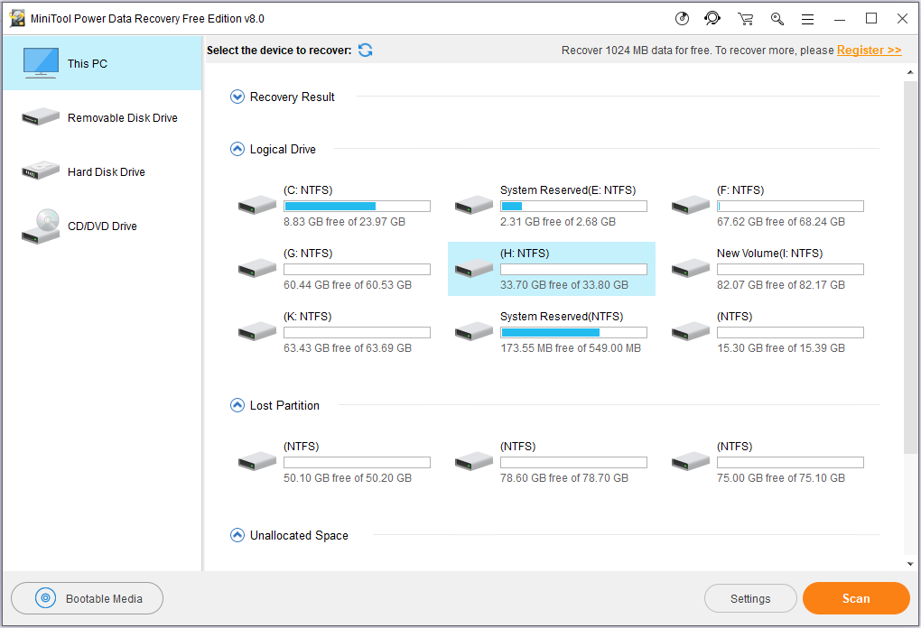 select a partition in This PC and click Scan