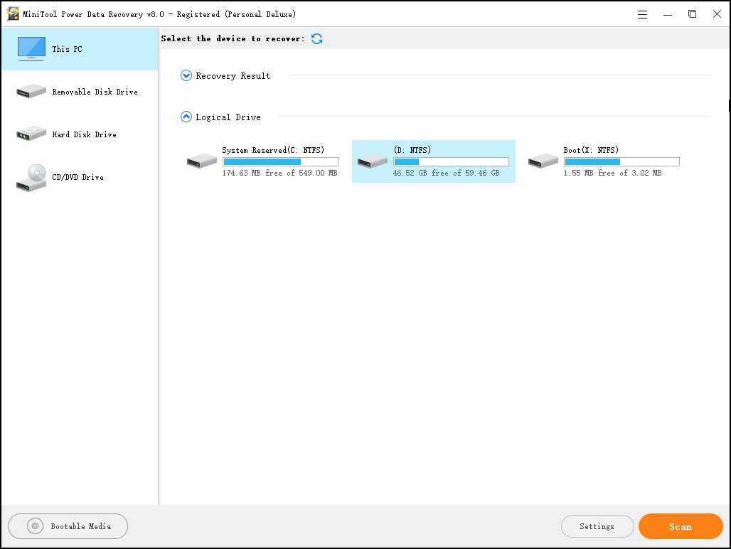 choose a partition you want to recover files from and click Scan